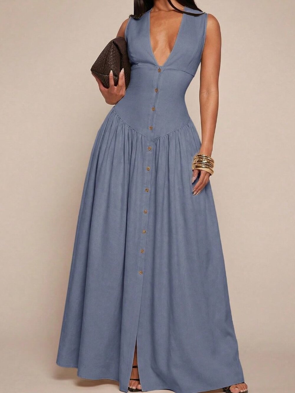 Blue Elegant Women's V-Neck Sleeveless Waist Cinched Button Front Shirt Dress - Picture 1 of 6